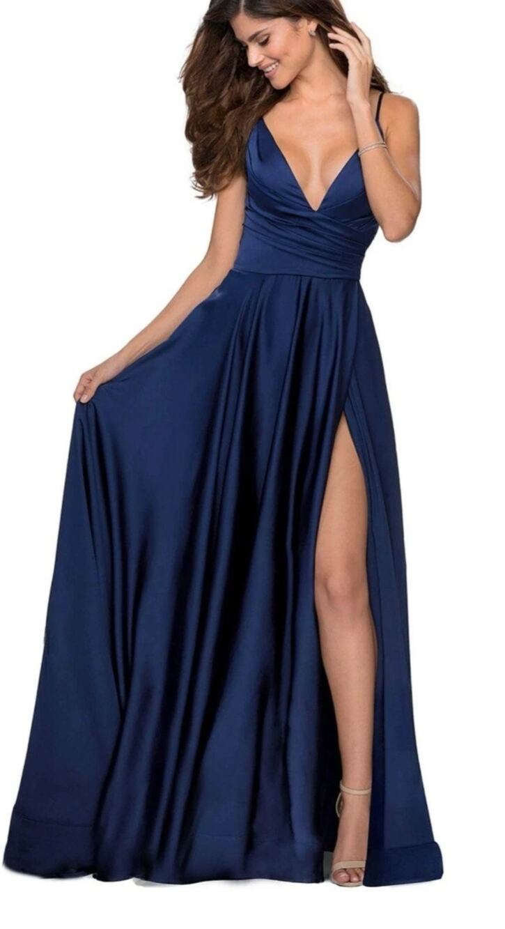 La Femme Navy Blue Satin V-Neck Faux Wrap Full Length Prom Evening Gown 6